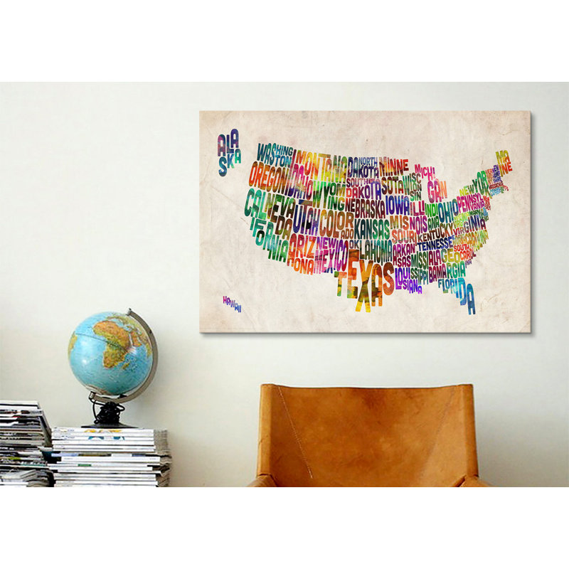 «Typographique Text (States) Map» par Michael Tompsett, impression sur toile tendue, H 8 po x l 12 po x P 0,75 po