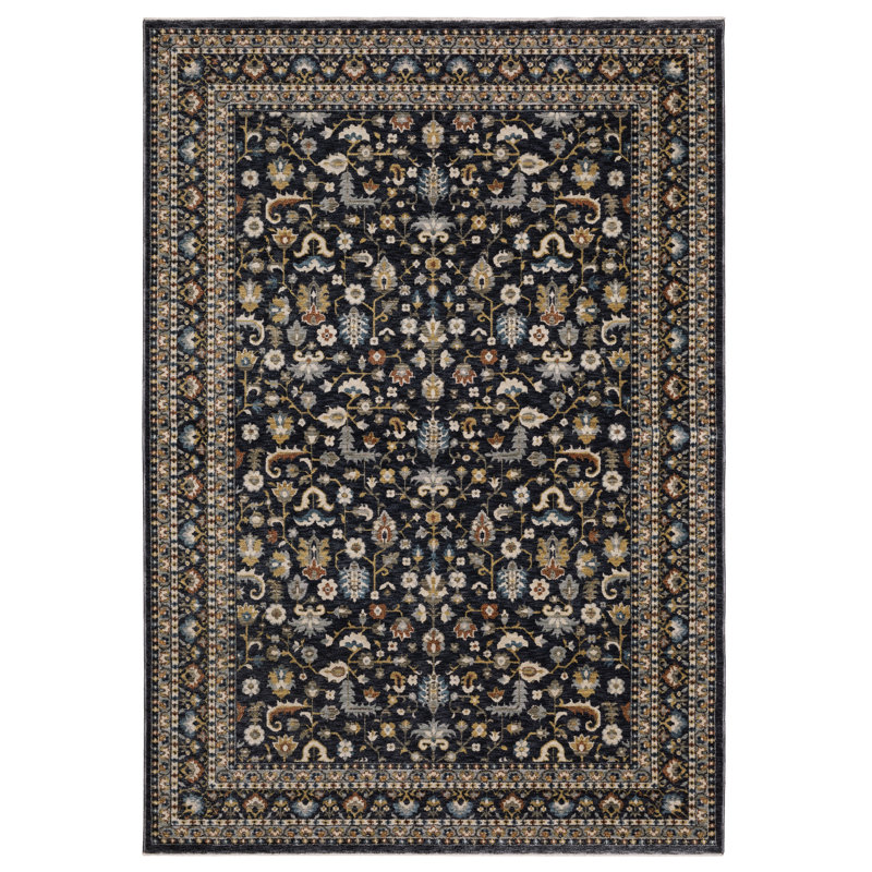 Caia Traditional Floral Border Blue/ Multi Area Rug, Rectangle 5'3" x 7'9"