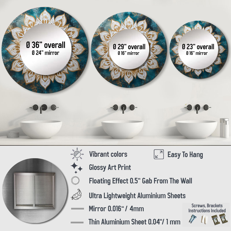 Pratham Teal And Gold Mandala II - Boho Mandala Wall Mirror, Traditional Round Decorative Mirror, Printed Metal Art