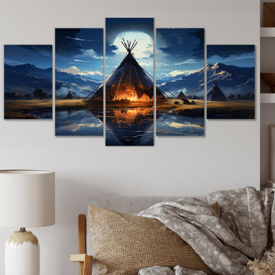 «Native Tipi Luminous Gateway To The Spirit II», reproduction d'art sur toile Native American - 5 panneaux