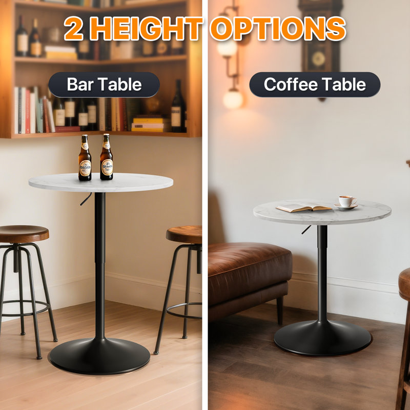 23.5" Bistro Pub Table Adjustable Height Round Cocktail Bar Table with Wood Tabletop and Metal Base, Marble White