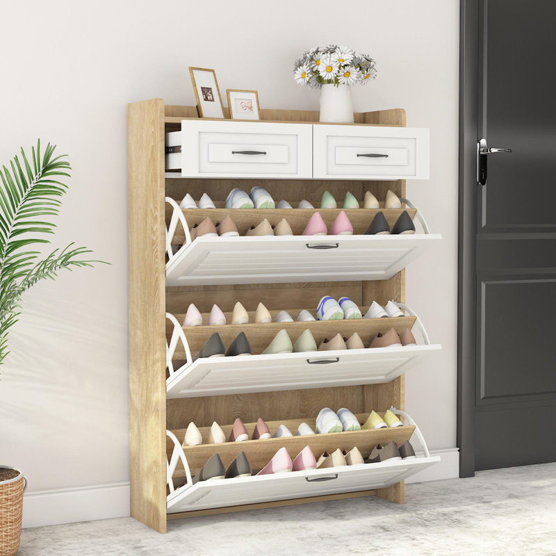 12 Pair Flip Down Shoe Storage, Natural/White