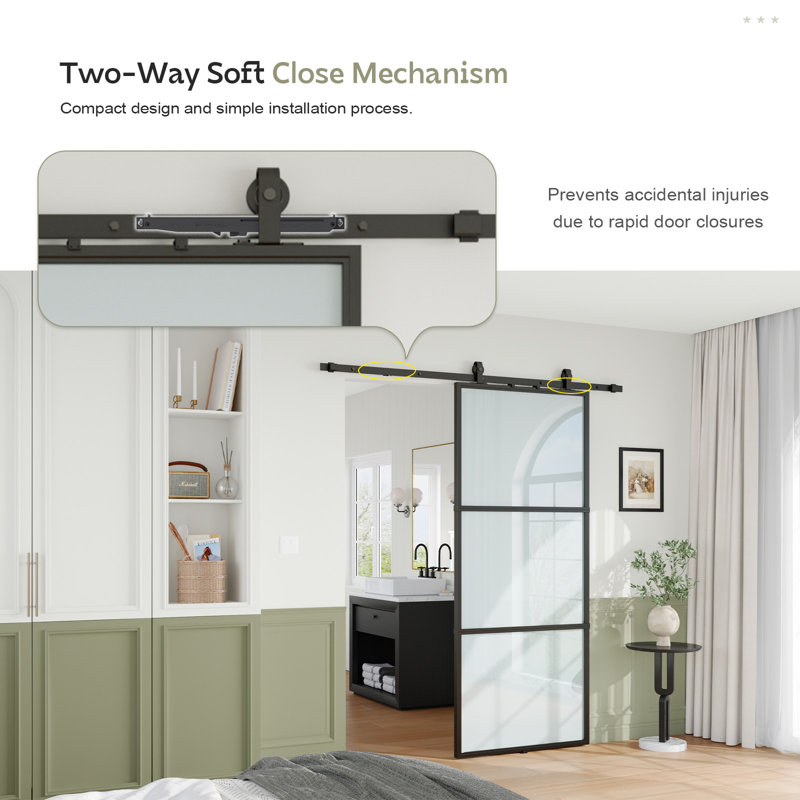 Black Aluminum and Frosted Glass Sliding Barn Door with Hardware Kit