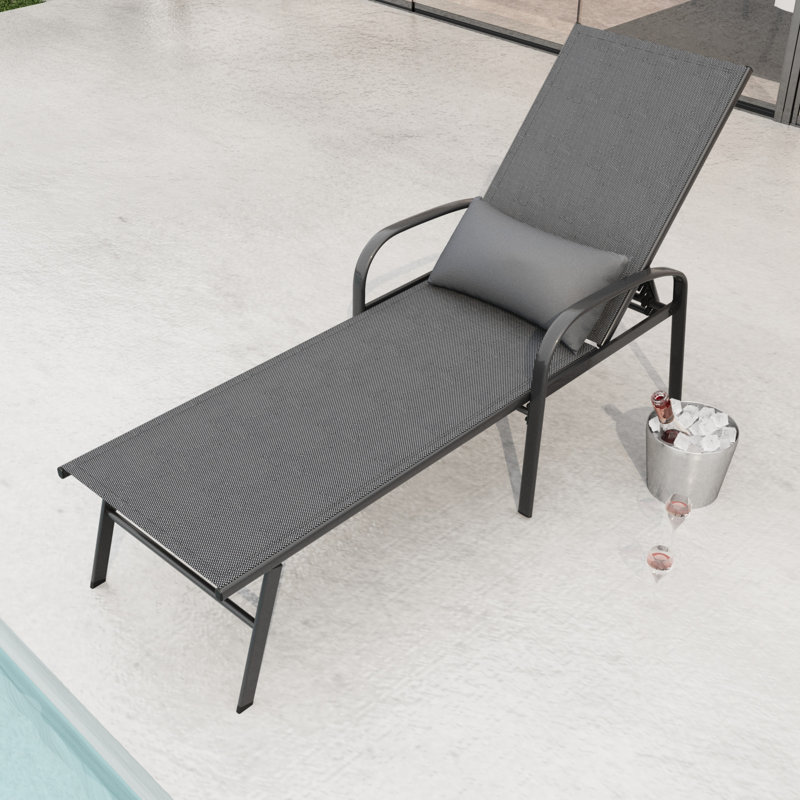 Méridienne de piscine extérieure grise avec coussin - fabrication en acier, tissu antirouille et respirant, cadre réglable, résistance à la rouille, 5 positions