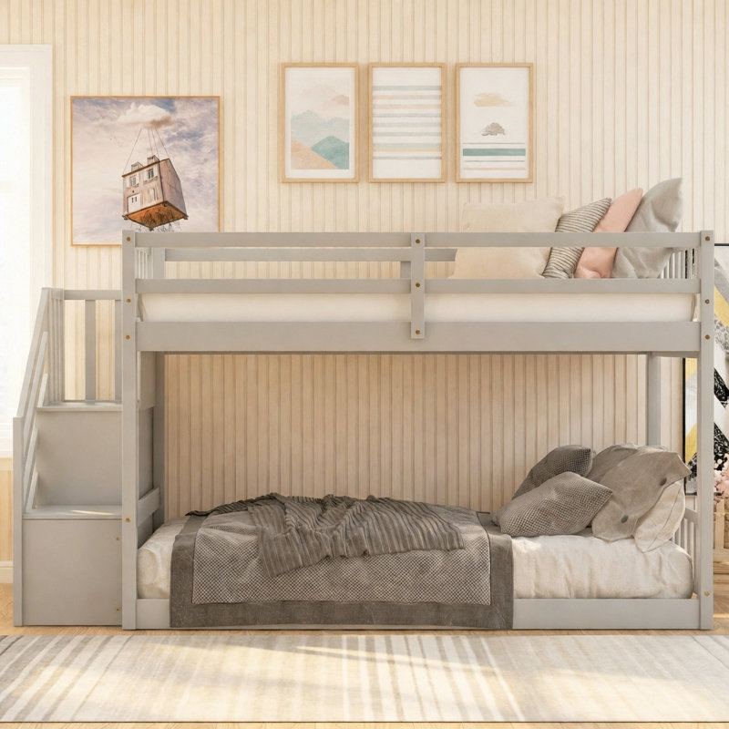 Lit superposé simple au-dessus d'un lit simple, échelle avec rangement, gris