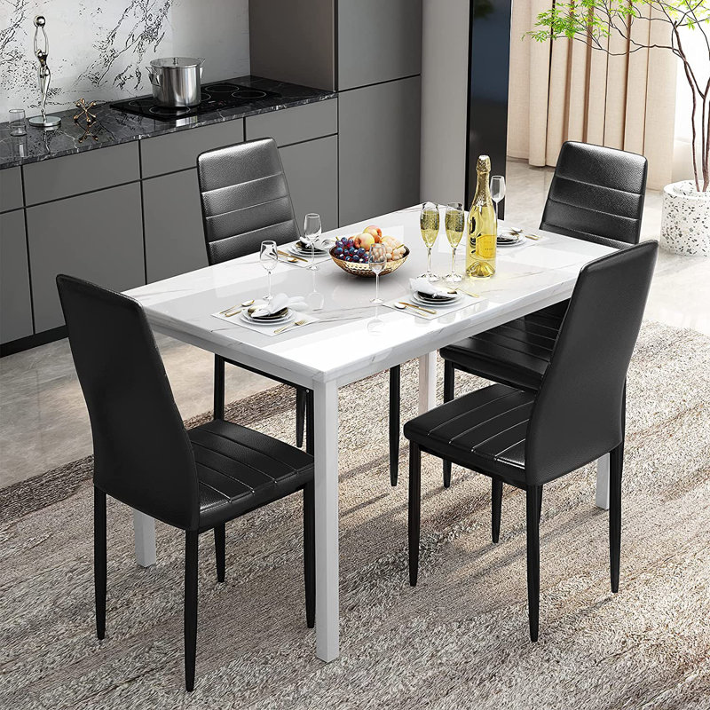 4 - Person Faux Marble Top Four Leg Dining Set, Black, White