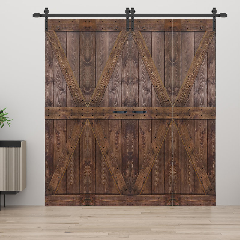 Porte de grange double pliante en bois massif de style K avec ensemble de quincaillerie - Assemblage requis, Noyer foncé