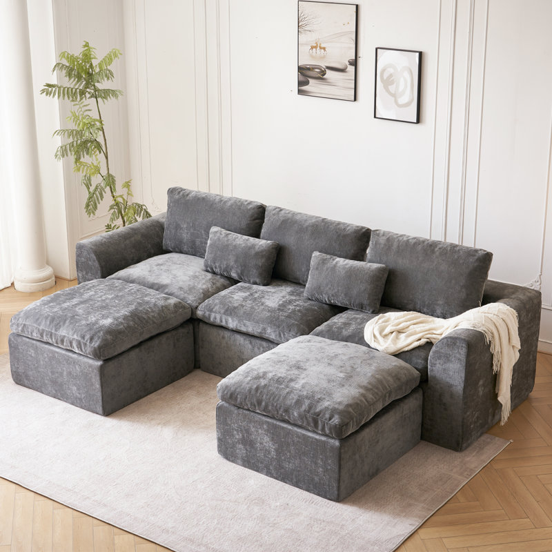 Canapé modulaire de 123 po avec méridienne et canapé en U pour le salon, Gris chenille