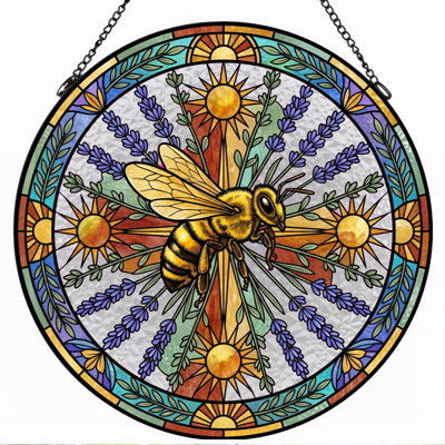 Bee Sunburst Stained Glass Window Panel，7.8H