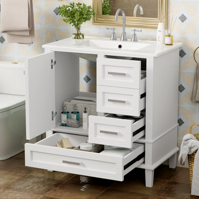 Ensemble de meuble-lavabo moderne avec ensemble lavabo 30 po, meuble-lavabo moderne avec porte à fermeture douce et 3 tiroirs, structure en bois massif (blanc)