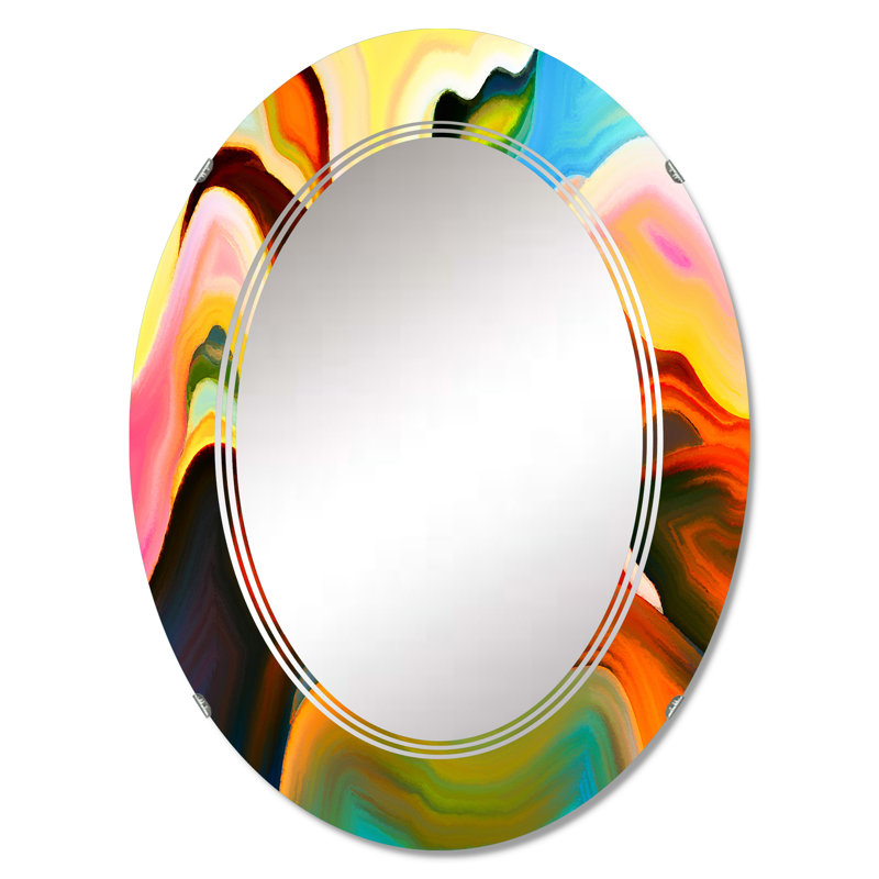 Rouge, bleu, jaune et marbre Art Universe I - miroir mural moderne ovale, 30 po x 20 po