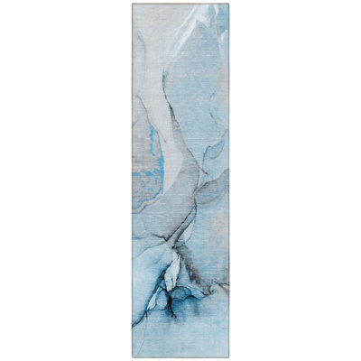 8' Runner Blue and Ivory Abstract Washable Non Skid Indoor Outdoor Runner Rug