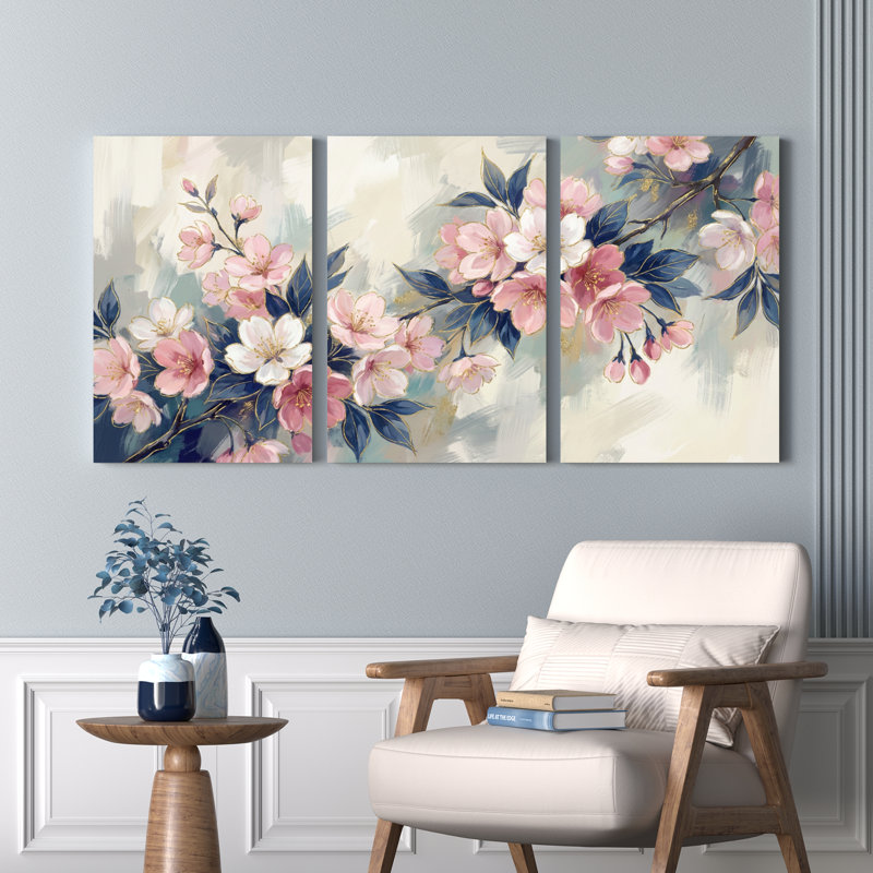 Ensemble de 3 tableaux muraux sur toile à motifs floraux de fleurs de cerisier, pour la décoration du salon et de la chambre.