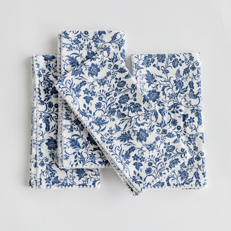 Serviettes de table Atoka Nuit Bleue en coton 2, Floral, Ourlé