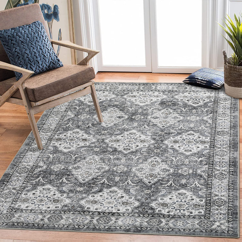 Machine Washable Rug with Rubber Backing for Living Room Oriental Non-Slip Dining Room Rug Easy-Cleaning Floor Carpet for Bedroom Office Playroom
