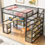 Lit mezzanine double en métal avec escalier, bureau intégré et tablette à 3 niveaux