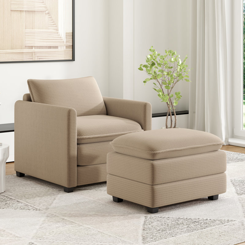 Artoria 32.9 Wide Accent Chairs with Ottoman, Blue Corduroy