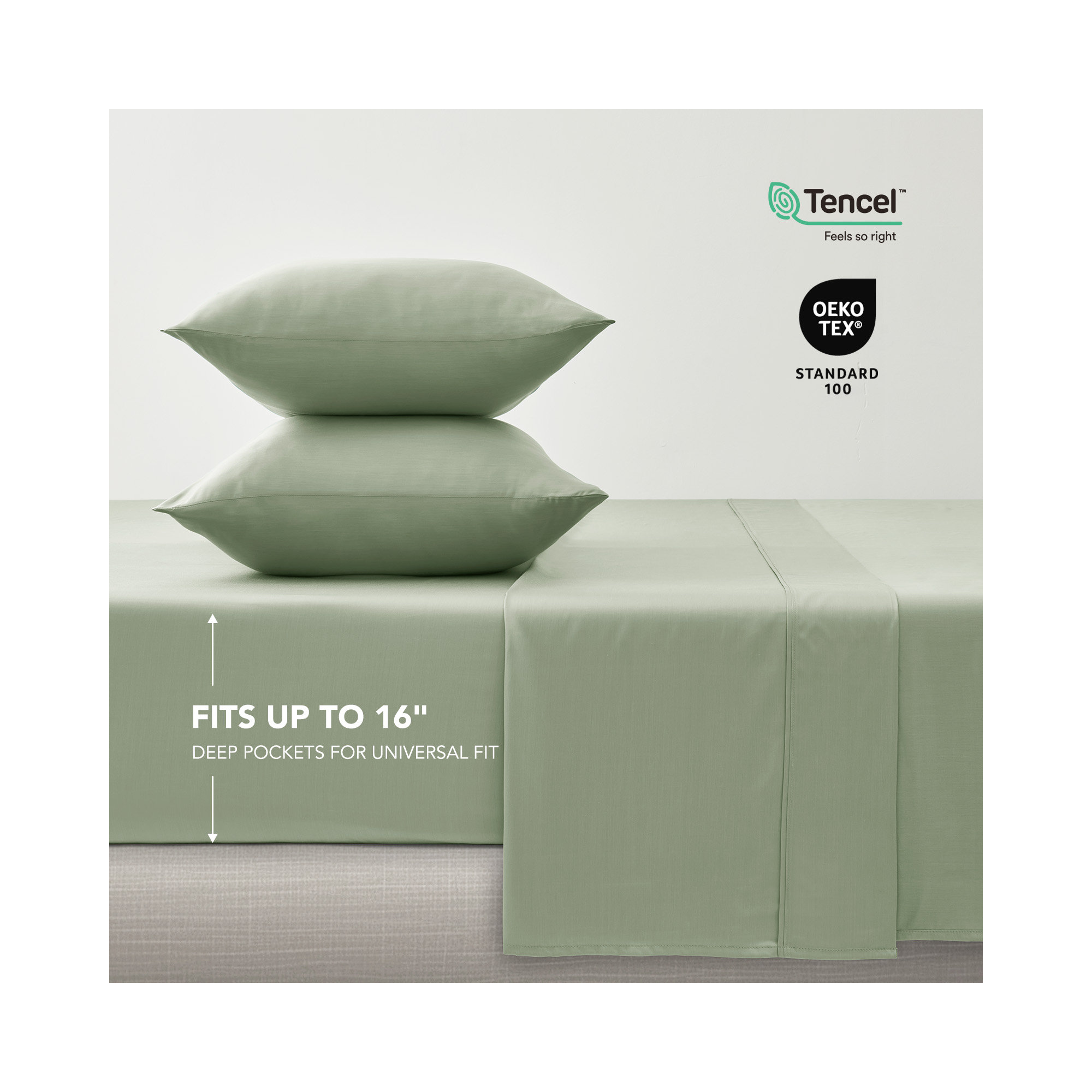Tencel Sheet Set 4 Pieces, Sage Tea Green, Queen Sheet Set + 1 Fitted Sheet + 2  Pillowcases