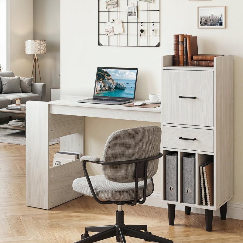 Bureau à domicile 59 "avec tablettes de rangement latérales, tiroir, armoires, casiers verticaux