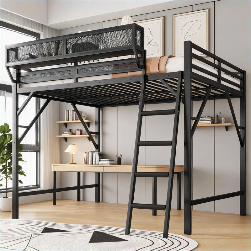 Structure de lit mezzanine pleine grandeur en métal noir classique avec tablettes de rangement intégrées et échelle pour chambres d'enfants et d'adolescents
