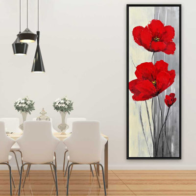 Red Flowers on Gray Background - Botanical Framed Canvas Decor
