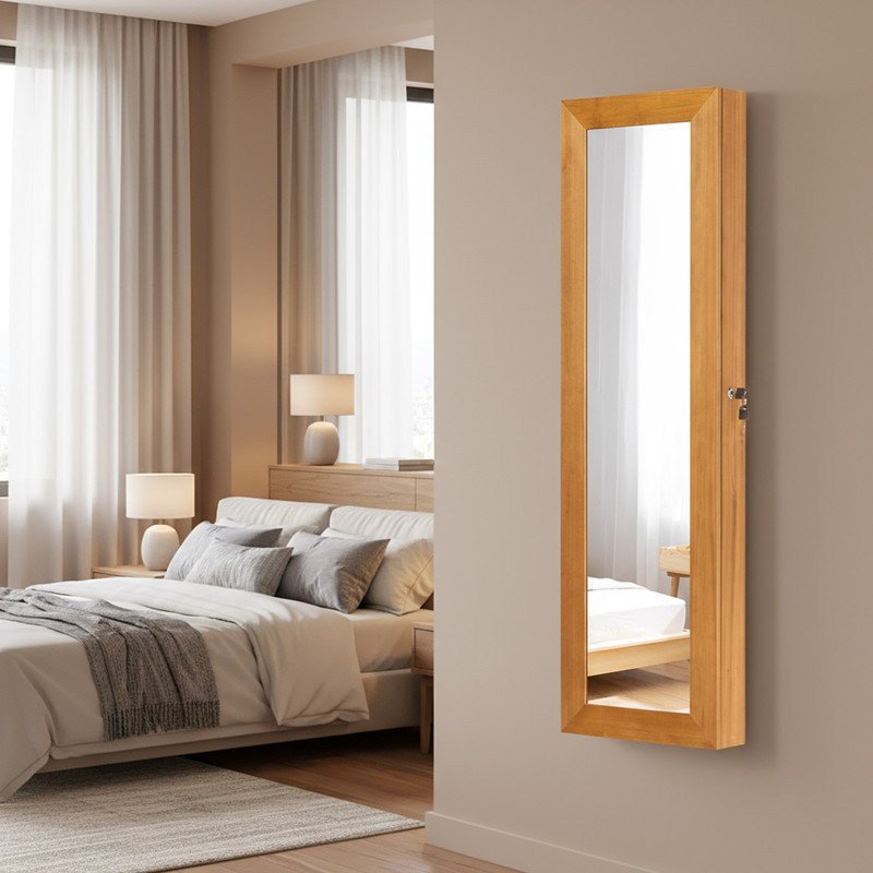 Armoire à bijoux élégante avec miroir pleine longueur, lumières DEL et rangement verrouillable, Marron clair