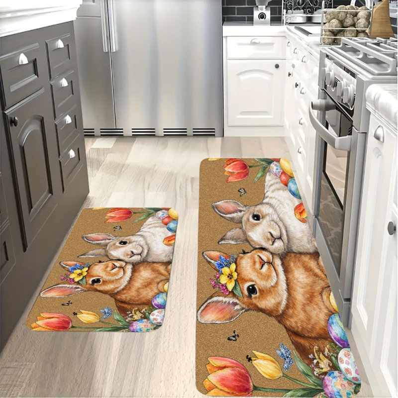 Lapins de Pâques avec tulipes, 2 tapis de cuisine antidérapants, Easter Bunnies with Tulips