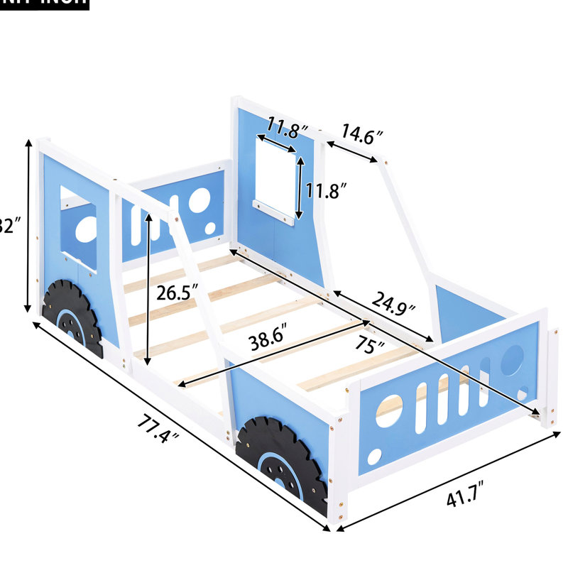 Lit plateforme simple bleu avec roulettes - fait de bois de pin robuste et d'une décoration intérieure élégante en forme de voiture