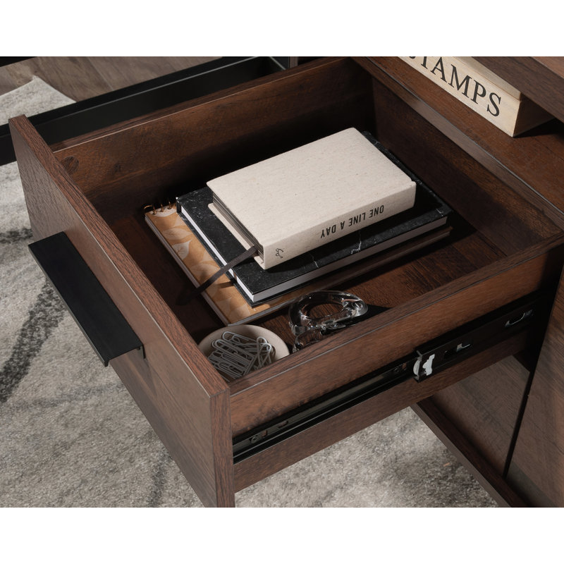 Brown Wood L-Shaped Corner Desk with Drawer and Filing Cabinet