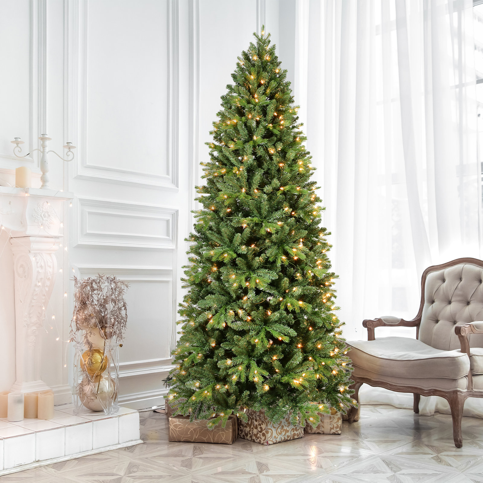Pre-lit Christmas Tree Artificial Pencil Christmas Trees - Hinged Spruce Xmas Tree With Warm Lights, Pe&pvc Mixed Branch Tips, Metal Stand&easy Assembly