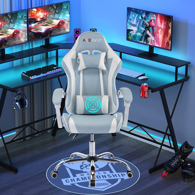 Fauteuil de jeu, fauteuil de jeu pour adultes, jeu ergonomique avec support lombaire, 300 lb, Bleu clair / blanc