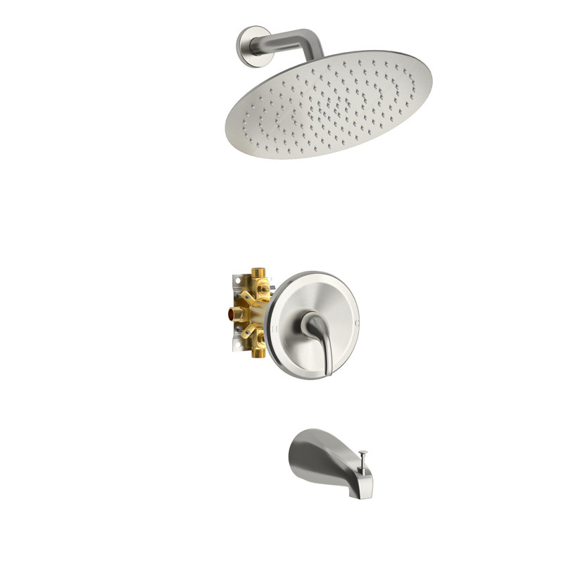 Système de douche en nickel brossé avec pomme de pluie ronde de 10 po et bec de baignoire en cascade - fixation murale, valve, installation facile et désinfection