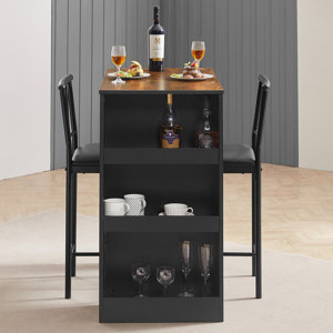 VECELO Retro Small Bar Table Set For 2 With Stools - Space-Saving Kitchen Nook & Storage Shelves (Black)