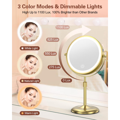 Miroir de maquillage lumineux avec 3 lumières de couleur et un grossissement de 10 fois, luminosité et hauteur réglables, miroir de meuble-lavabo rotatif à DEL 10X avec lumière pivotante à 360 ° 7 pouces avec lumière, doré