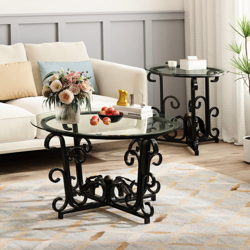 Table basse Allenhurst 3, petits espaces, verre trempé épais de 5 mm, métal noir facile à nettoyer, coins arrondis,