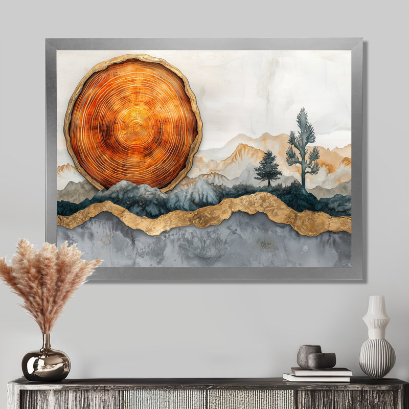 Paysage doré doré avec cactus et glissade sur bois - art mural désert, H 30 po x l 40 po, Cadre simple, Argent argent