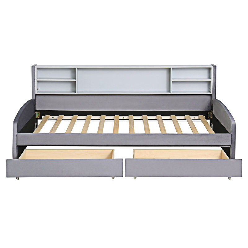Lit plateforme simple tapissier avec rangement, gris