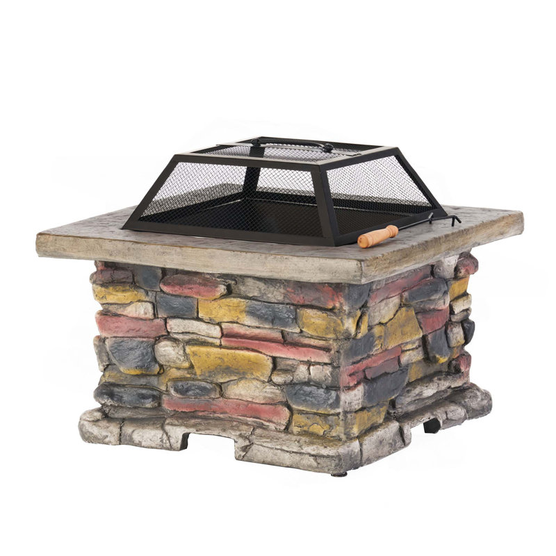 28" Concrete Wood Burning Outdoor Fire Pit Table With Lid, Natural/Gray