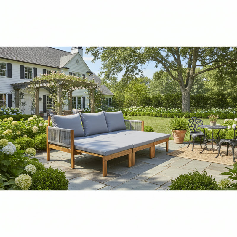 73.2" Wide Straight Acacia Wood Patio Daybed With Cushions, Gray