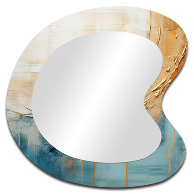 Peinture dorée et bleue Fusion I - Peinture abstraite de formes asymétriques - Grand miroir mural moderne