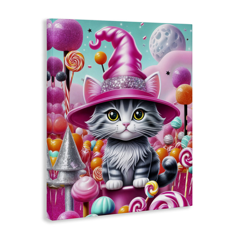 Chaton parmi des bonbons roses, toile de Tabz Jones, H 20 po x l 16 po
