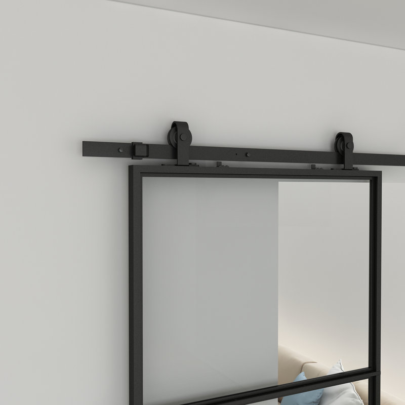 Black Metal Sliding Barn Door with Clear Tempered Glass Panels