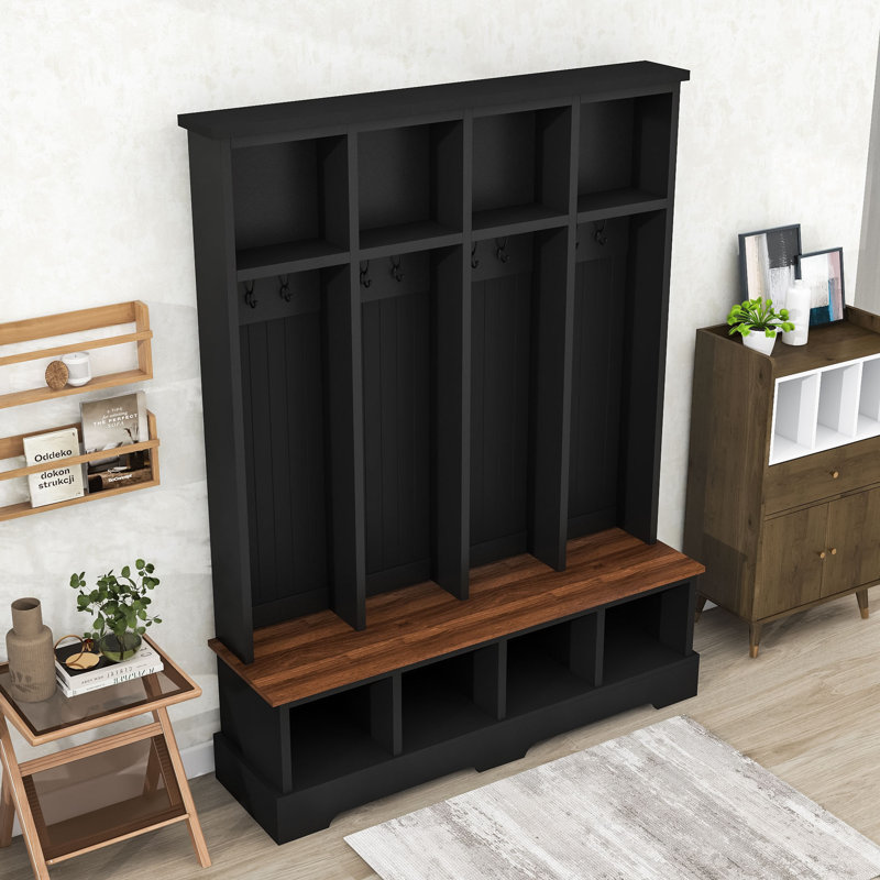 Hall Tree with 8 Hooks and Open Compartments, Black