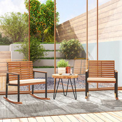 Ensemble de 2 chaises berçantes d'extérieur en bois d'acacia avec accoudoirs Outsunny, coussin, blanc crème