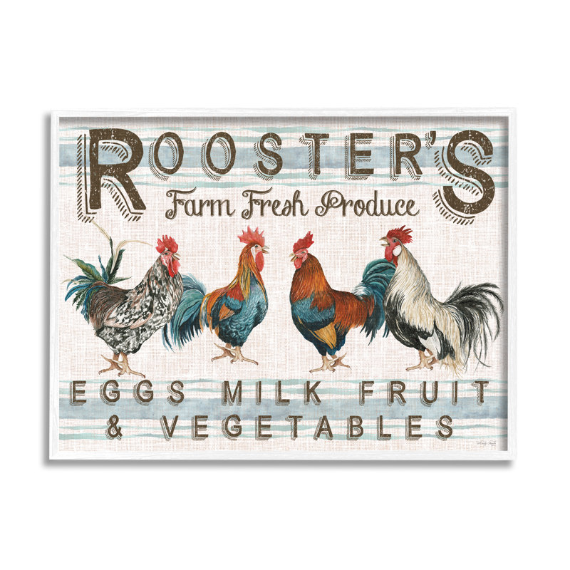 «Country Roosters Produce On Canvas» par Cindy Jacobs, impression, Estampe numérique encadrée blanc bord de mer