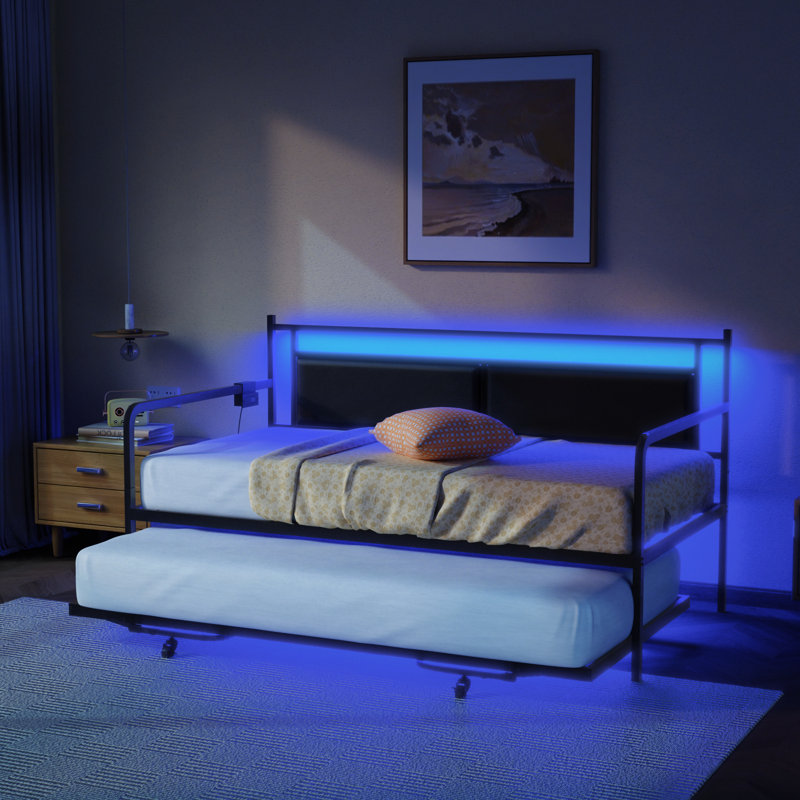 Lit de jour simple avec couchette escamotable, canapé-lit avec lumière DEL et station de charge, lit escamotable avec support à lattes en acier et tête de lit tapissier, cadre de lit plateforme