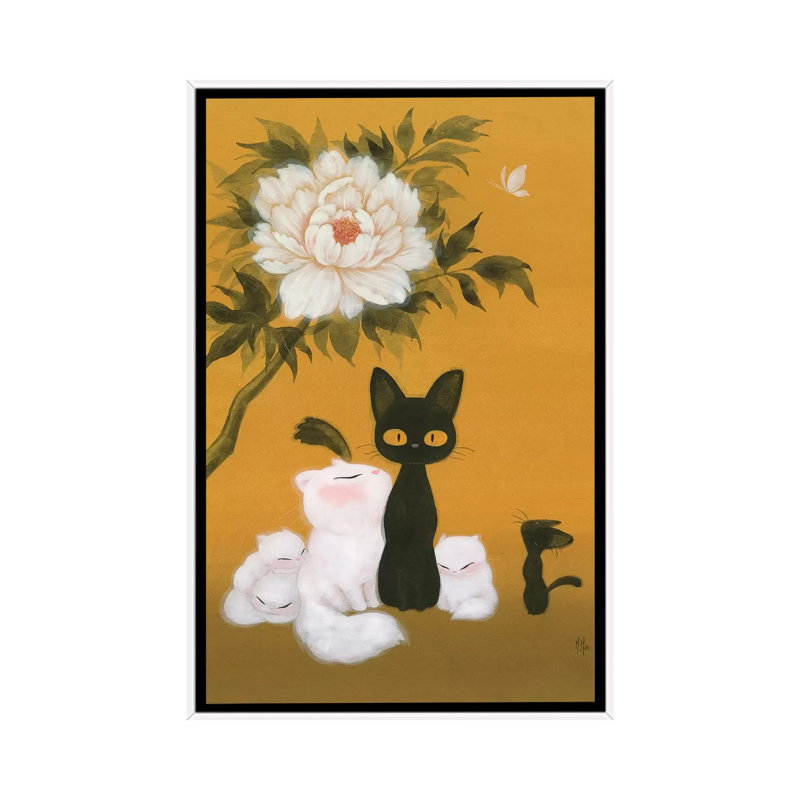 Cats And Peony by Martin Hsu - Painting on Canvas, 66.04 cm H x 45.72 cm W, White Framed