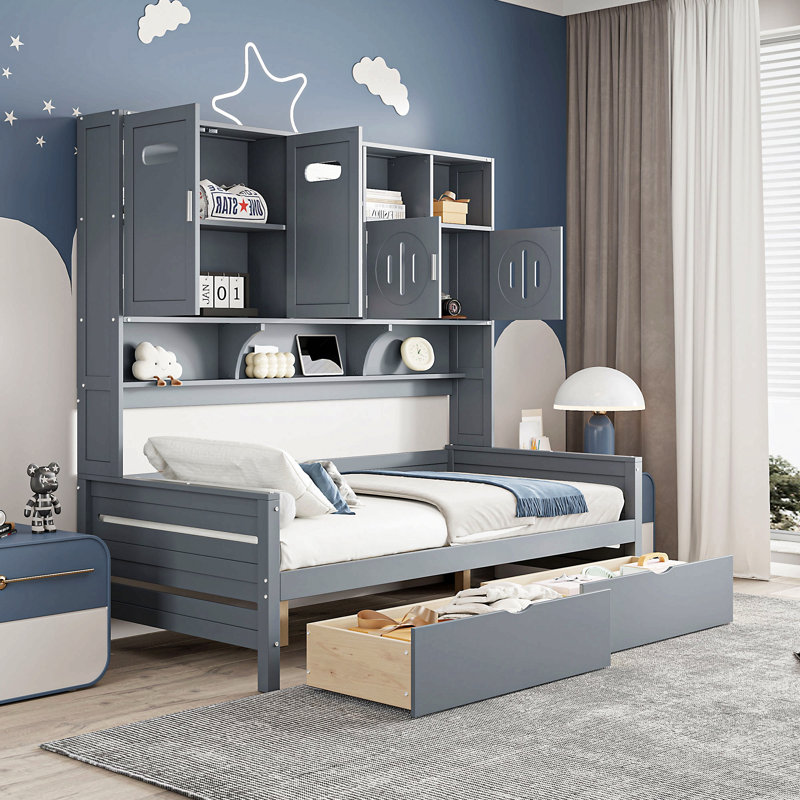 Wooden Daybed With 2 Drawers, And All-In-One Cabinet And Shelf, Gray, Twin