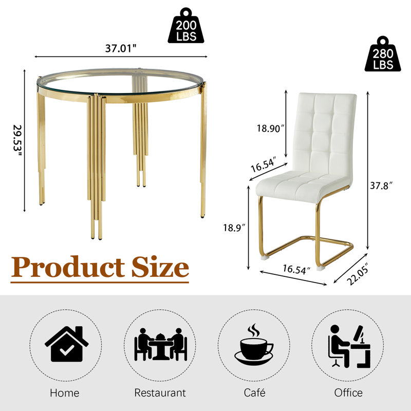 5-Piece Round Glass Dining Set, 37" Tempered Glass Table With 4 High Back PU Leather Chairs, Clear/Gold, White/Gold