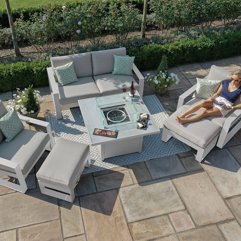 Hafza 2 Seat Aluminium Sofa Set - with Square Fire Pit Table - White, Light Grey, White
